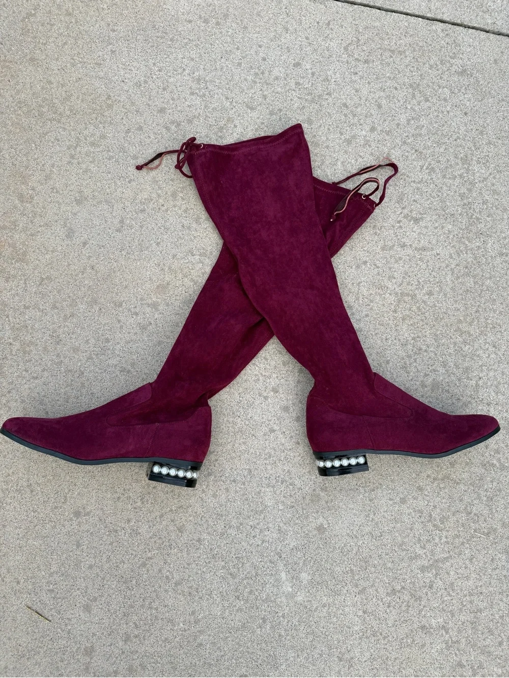JustFab Noelle Pearl Heel Over The Knee Boots Burgundy Suede Tall